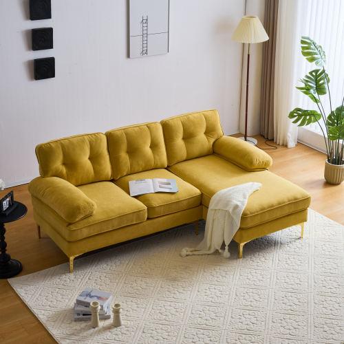 （缺货）83" Modern Sectional Sofas Couches Velvet L-Shaped Couches for Living Room, Bedroom, Yellow