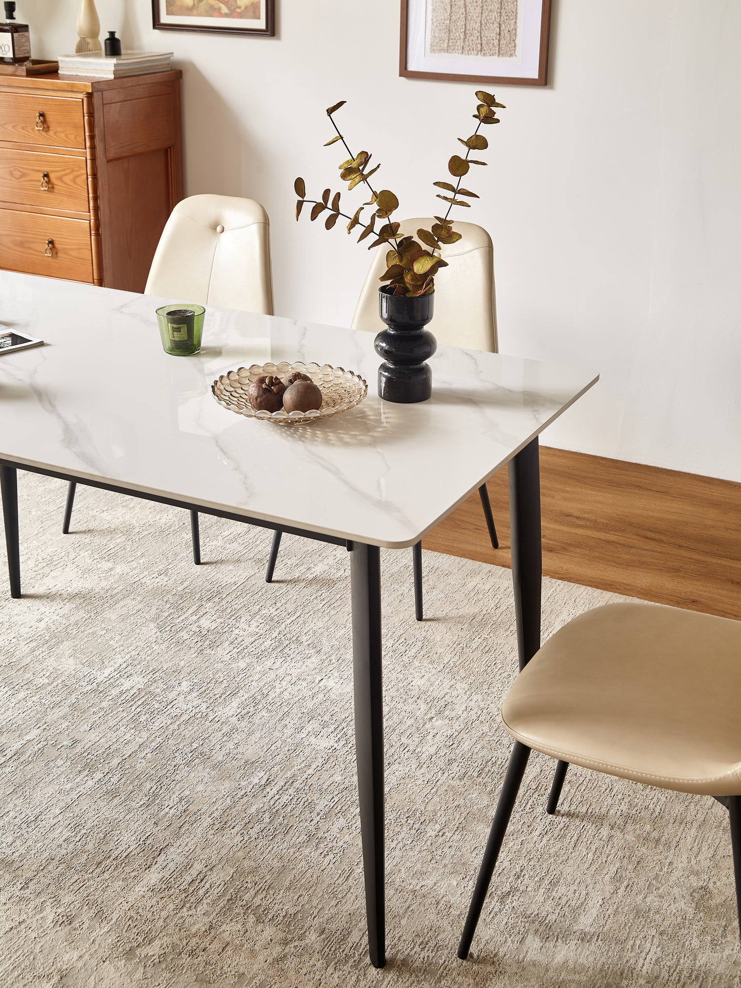 （缺货）Dining Table Table 55" Rectangular White Kitchen Table with Porcelain Table Top and Metal Legs,Dining Room Table for 4,Mid Century Dinner Table for Living Room and Office,Table Only