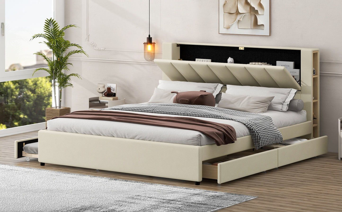 King Size Upholstery Platform Bed with Storage Headboard, 2 Drawers and Trundle,Beige