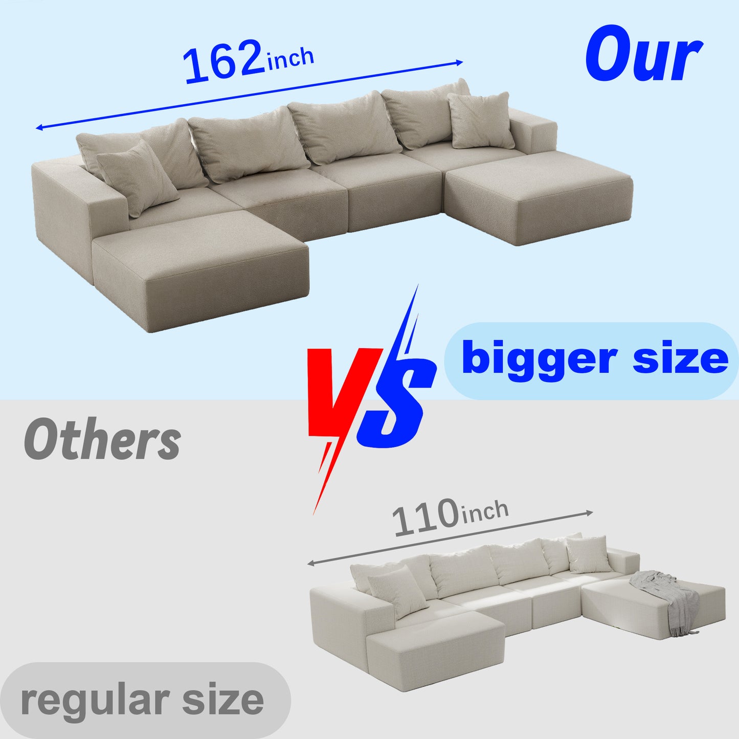 （缺货）Oversized sponge cloud sofa,Modern Upholstered Sectional Sofa Couch Set,Modular 162" L Shaped Sectional Living Room Sofa Set With 6 Pillows,Free Combination Sofa Couch for Living Room,Bedroom