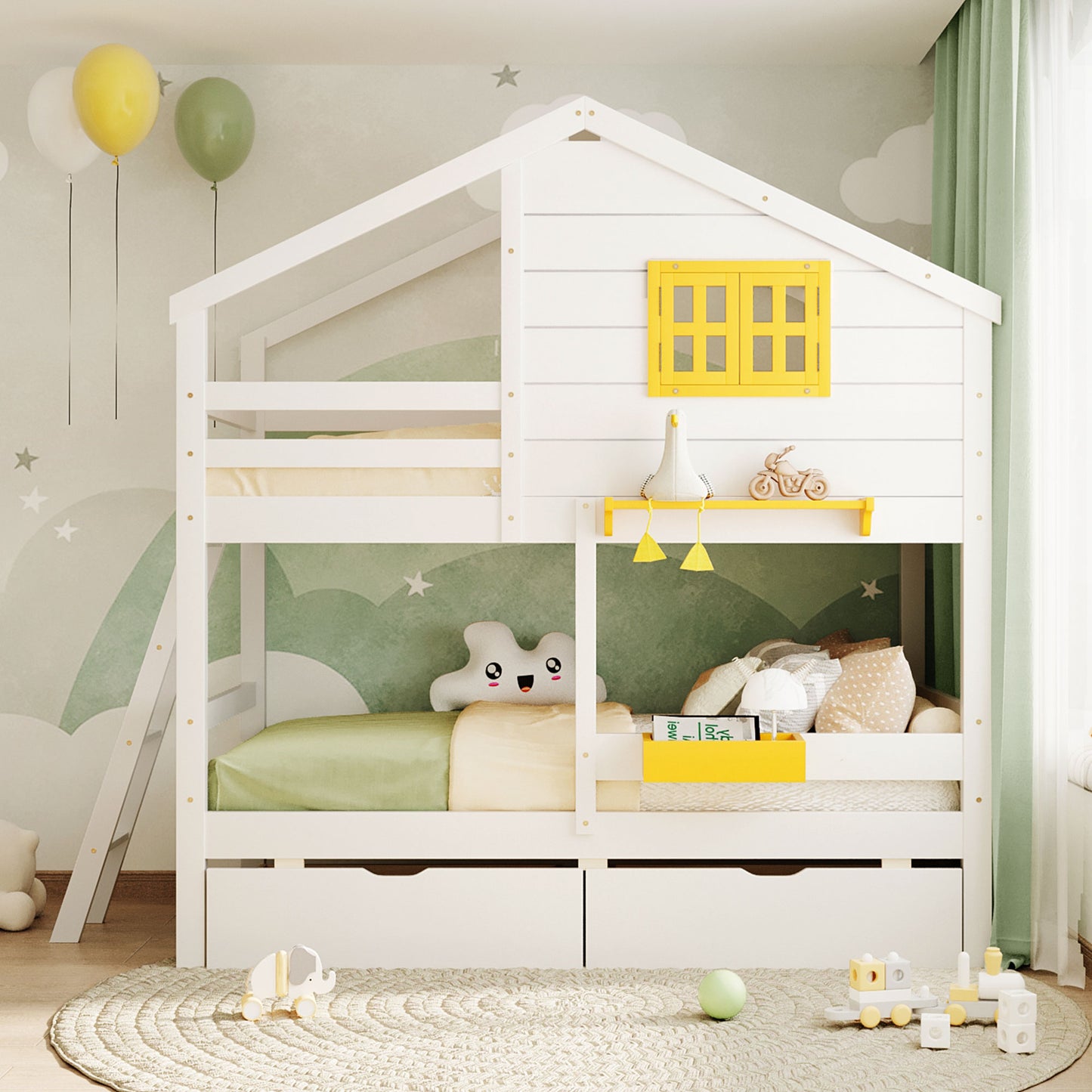 Twin over Twin Bunk Bed with 2 Drawers, 1 Storage Box, 1 Shelf, Window and Roof-White(OLD SKU:LT001608AAK)