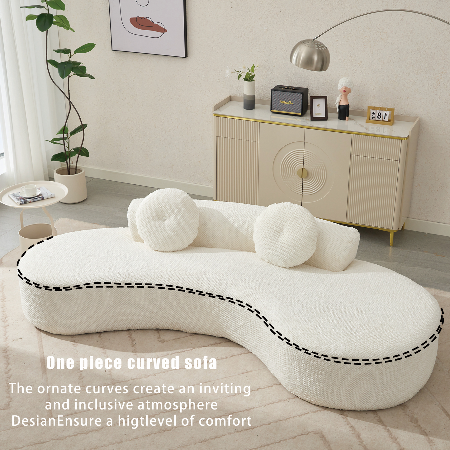 [VIDEO PROVIDED]105.5''Curved Sofa, Modern Minimalist Sofa, Cloud Couch Sofa 3-4 Seater Couch with 2 Pillows,Bedroom, No Assembly Required, Point-shaped corduroy,(Anti-Wrinkle) , Beige