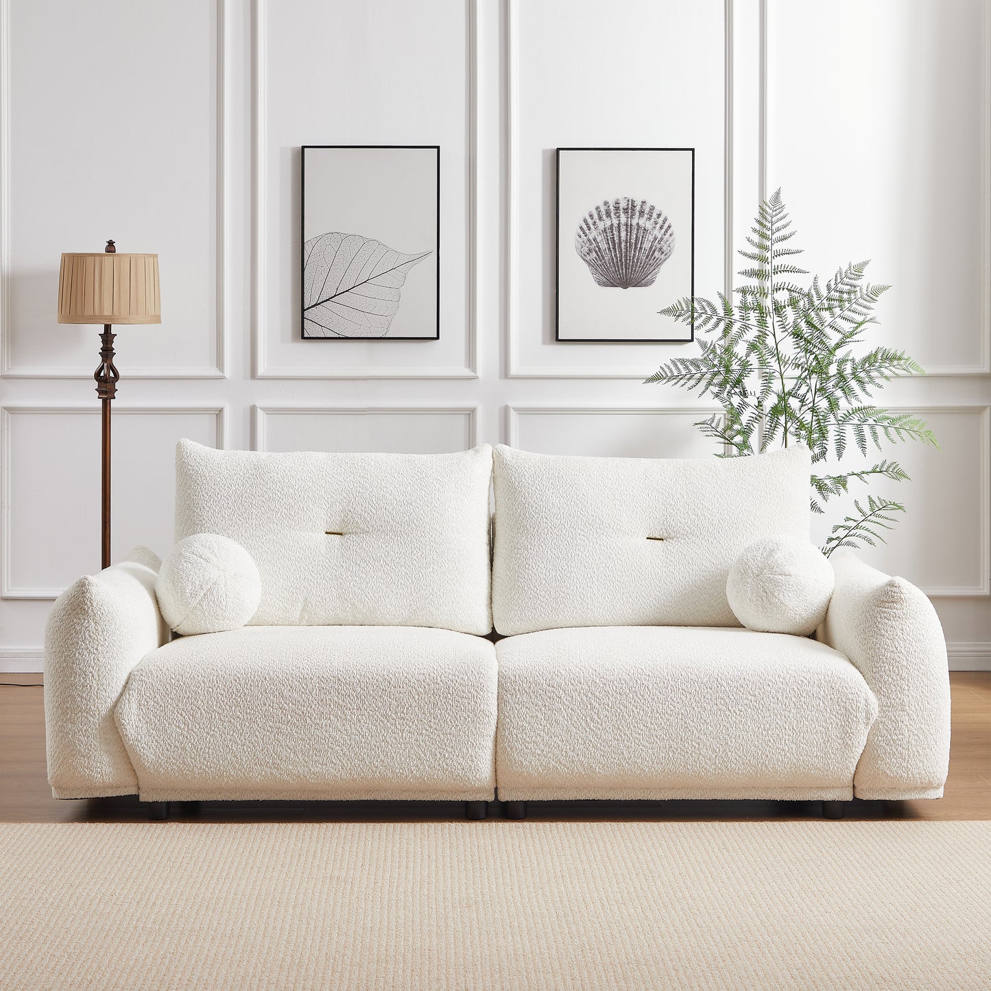 Lamb's wool 2-seater cushion sofa 90'' comfortable sofa for living room Bedroom and other casual spaces Lamb's wool sofa with 2 cushions and 2 ball pillows. (beige)