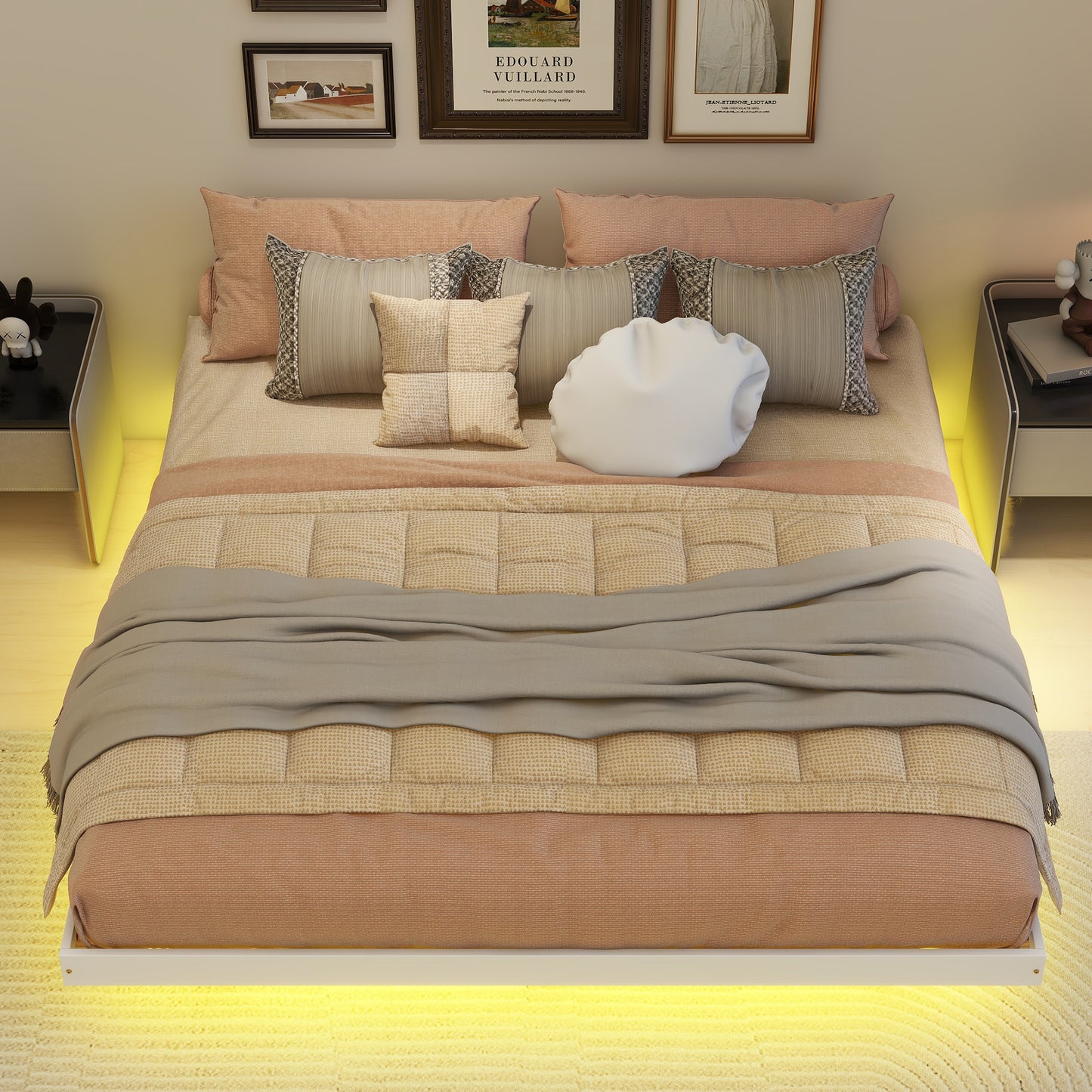 King Size Floating Bed with LED Lights Underneath,Modern King Size Low Profile Platform Bed with LED Lights,White