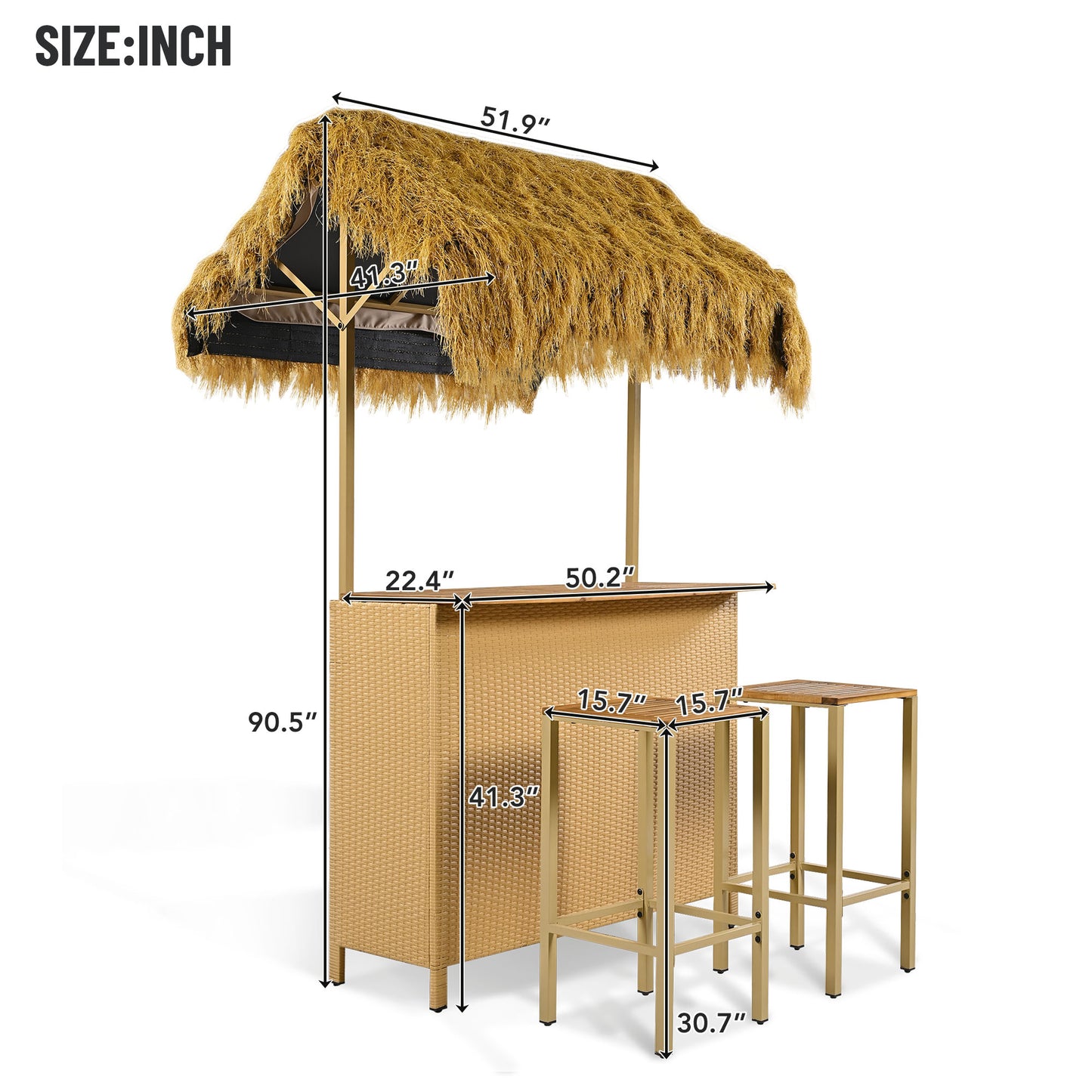 GO Hawaiian-style Bar Height Patio Set with PE Grass Canopy, Outdoor Bar Table and Stools with Adjustable Feet, Acacia Wood Top, for Dining and Drinking, Natural