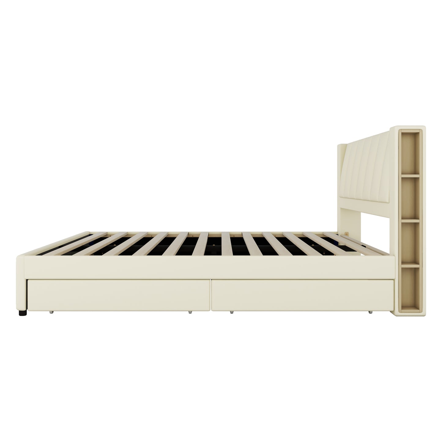 King Size Upholstery Platform Bed with Storage Headboard, 2 Drawers and Trundle,Beige