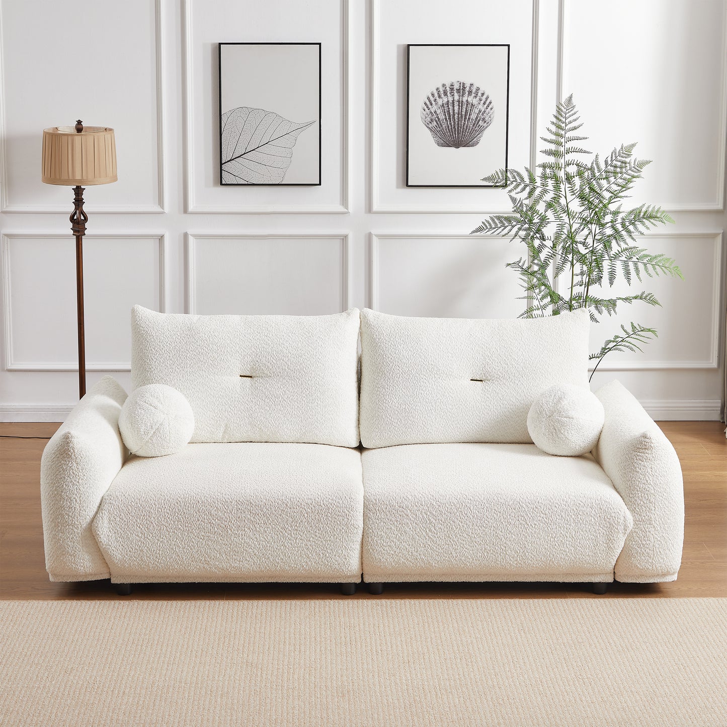 Lamb's wool 2-seater cushion sofa 90'' comfortable sofa for living room Bedroom and other casual spaces Lamb's wool sofa with 2 cushions and 2 ball pillows. (beige)