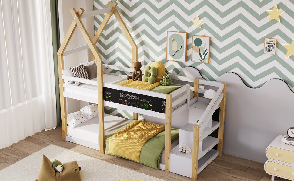 Twin over Twin House Bunk Bed with White Storage Staircase and Blackboard, White and Natural