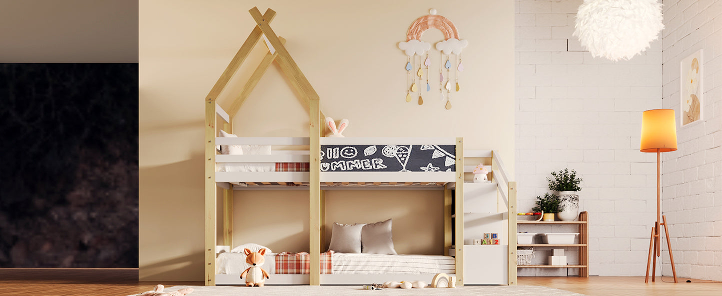 Twin over Twin House Bunk Bed with White Storage Staircase and Blackboard, White and Natural