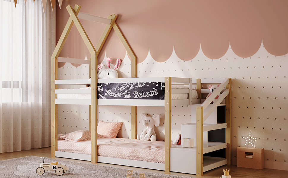 Twin over Twin House Bunk Bed with White Storage Staircase and Blackboard, White and Natural