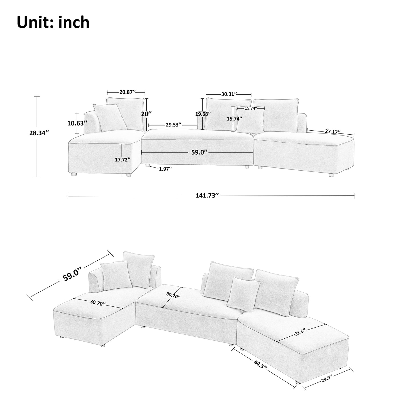 （缺货）Curved Modular Sectional Sofa for Living Room, Oversized L Shaped Couch with Chaise Lounge Sofa Set, Upholstered Sofa with 3 Back Pillows & 2 Throw Pillow, for Home Office, Beige