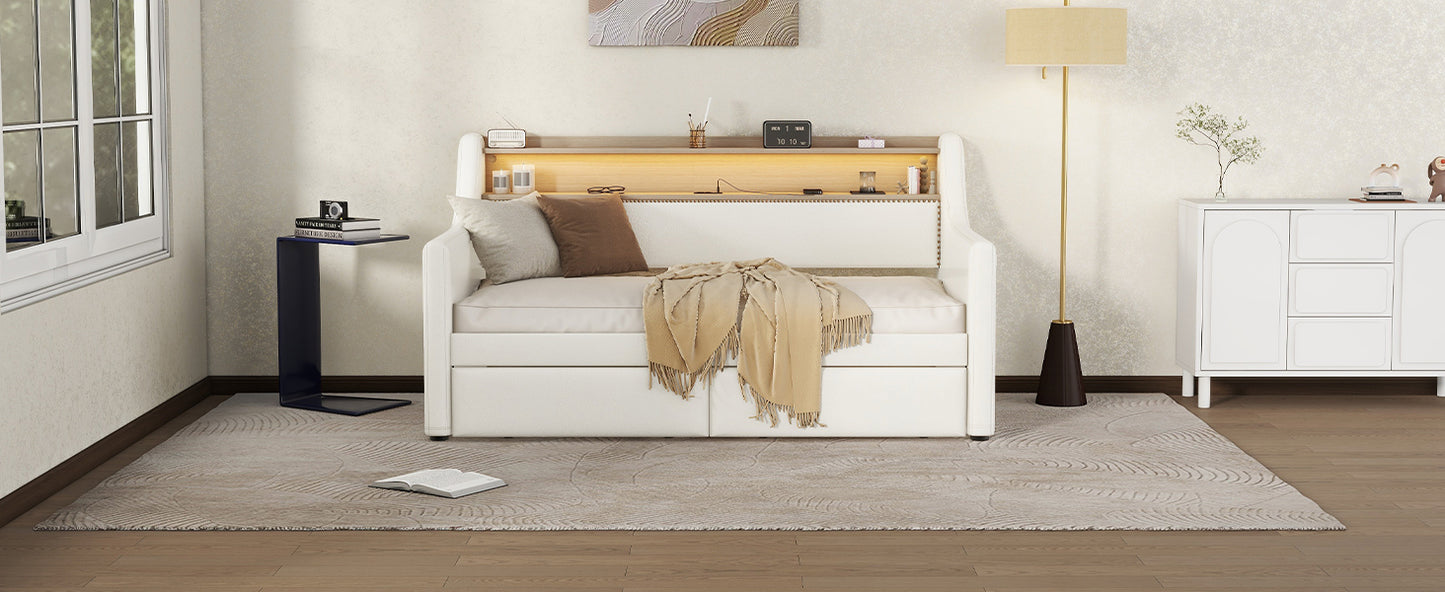 Twin Size Daybed with Storage Drawers, Upholstered Daybed with Charging Station and LED Lights, White