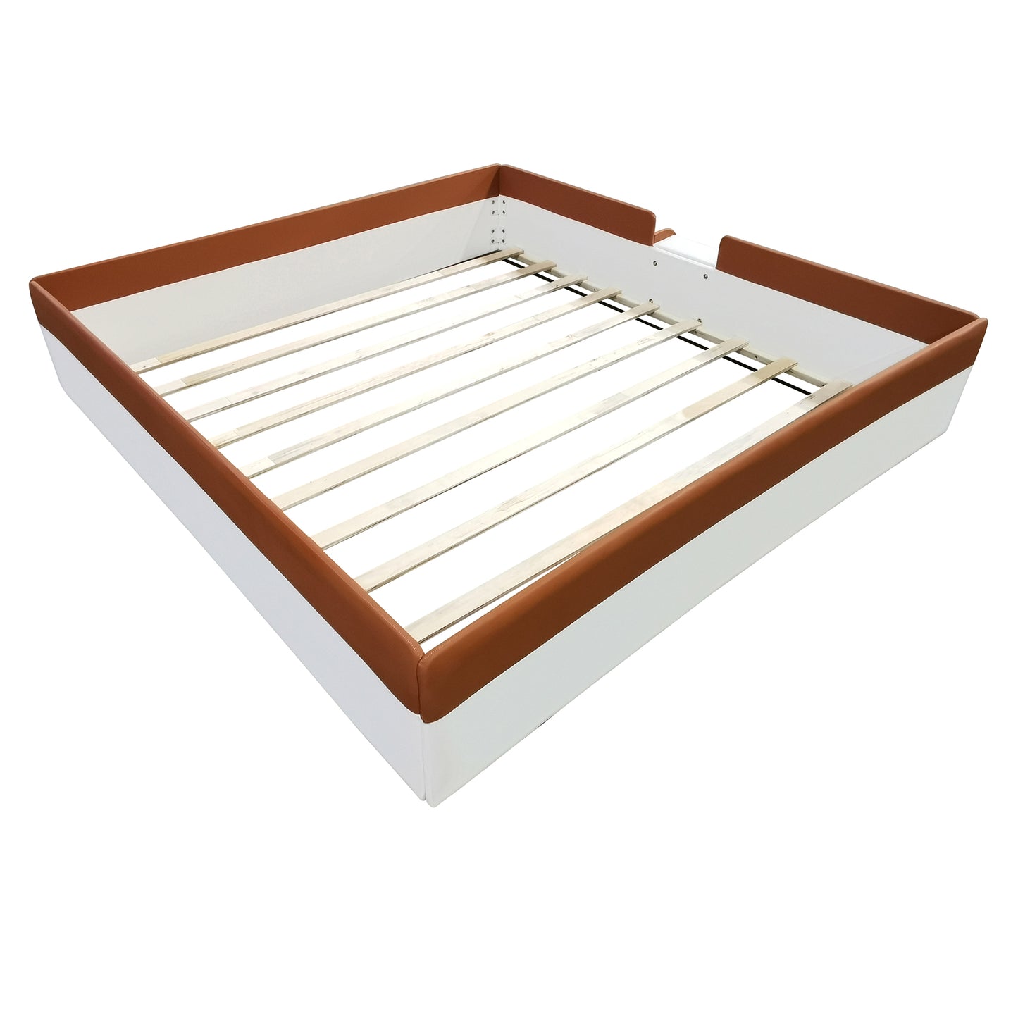 King Size Upholstered Daybed Frame with Fence and Stairs,(BROWN+WHITE)