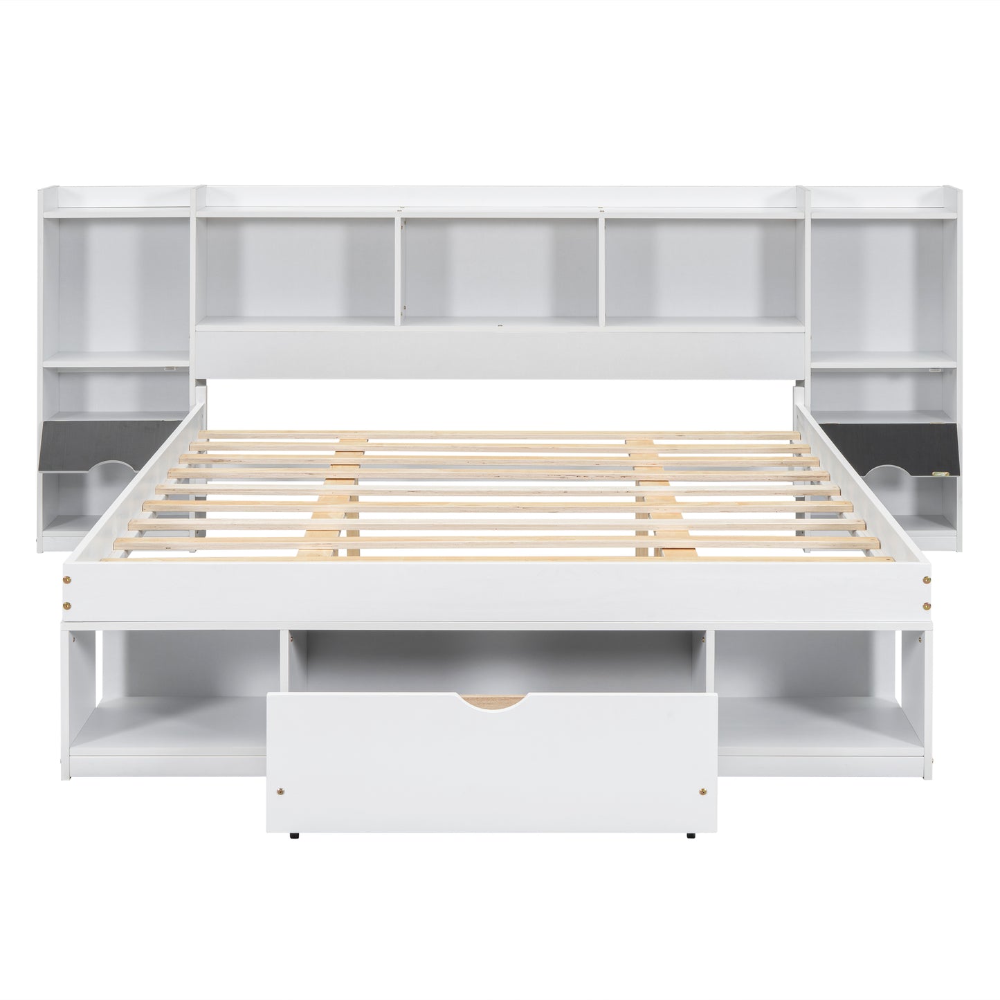 Queen Size Wood Platform Bed with Multi-storage Headboard and a Drawer, White