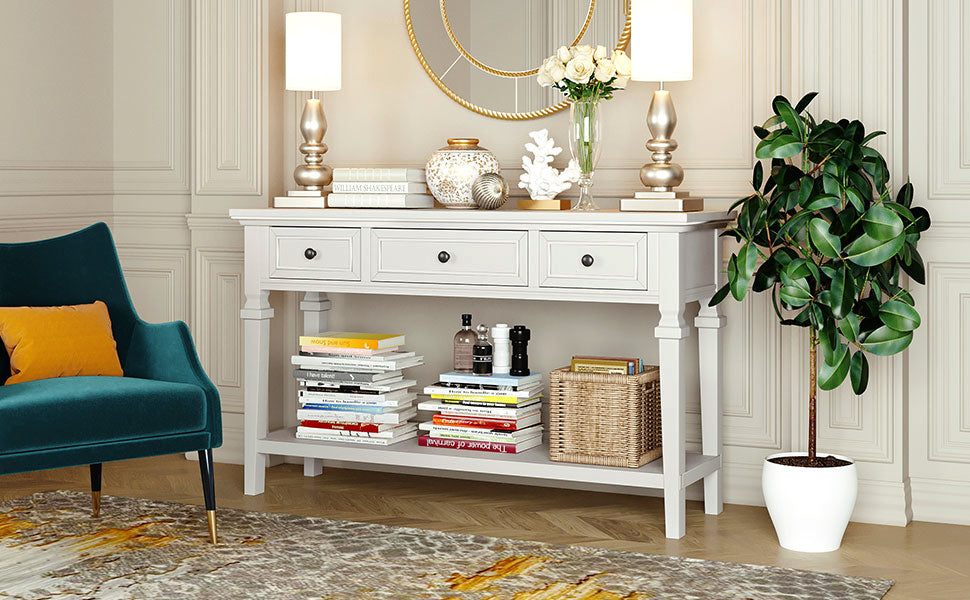 TREXM Classic Retro Style Console Table with Three Top Drawers and Open Style Bottom Shelf, Easy Assembly (Antique White)