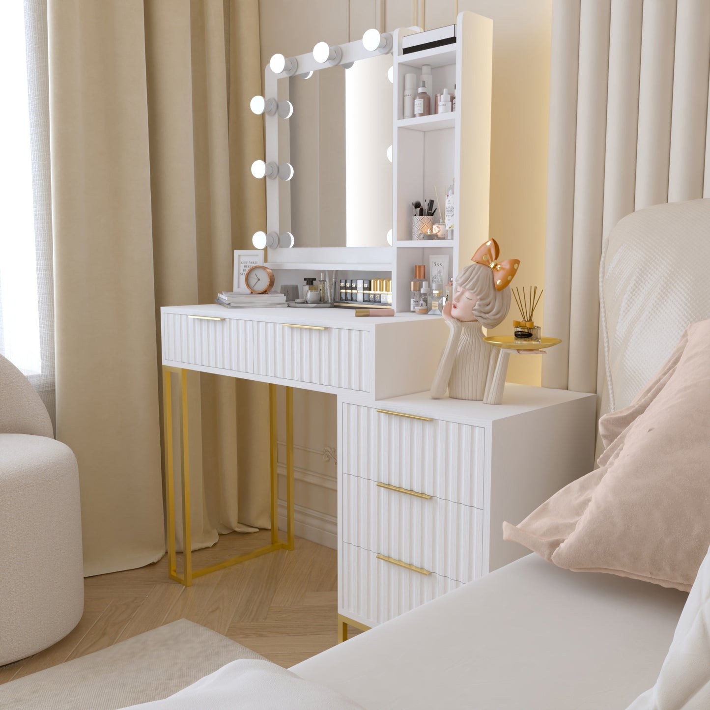 Makeup Vanity Desk with Mirror and Lights, Vanity Table, 5 Drawers, Side Cabinet, Storage Shelves for Bedroom, White