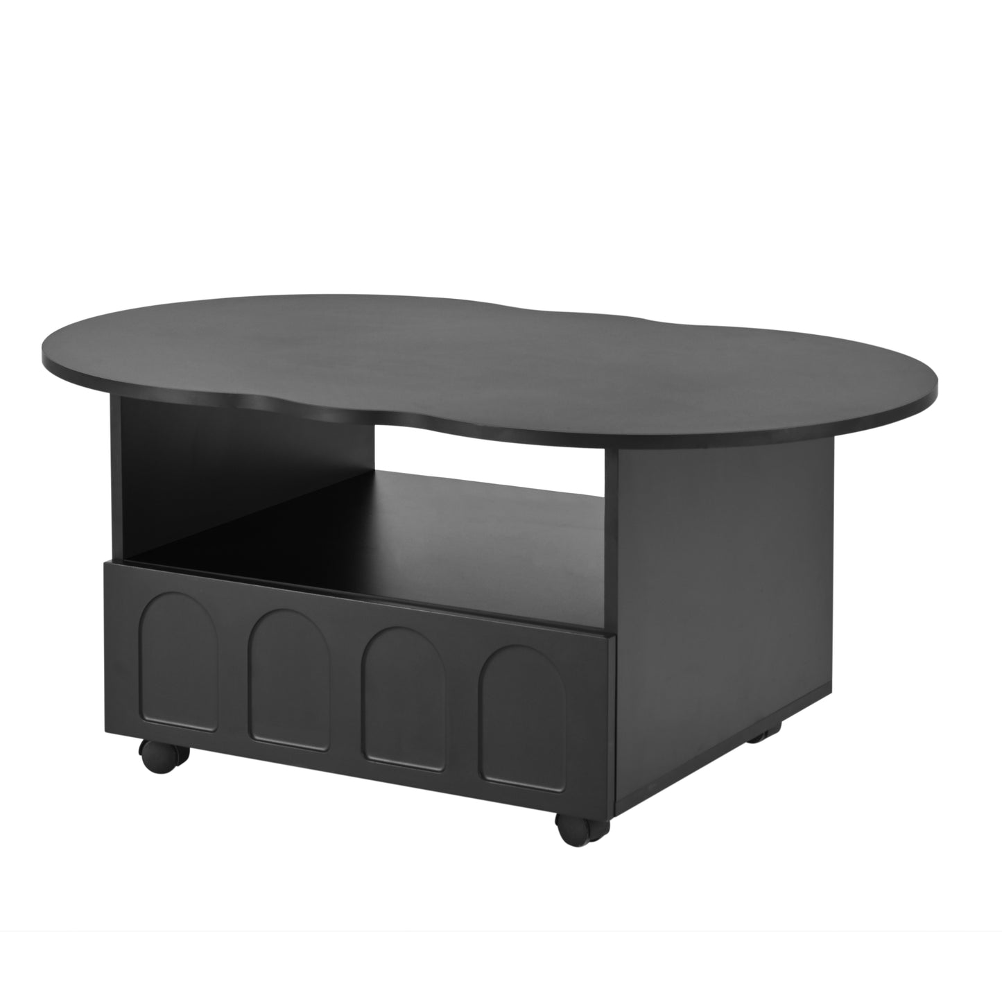 ON-TREND Flexible Cream Style Coffee Table with 2 Brake Wheels, Cloud Top Side Table with Drawer, Irregular Center Table with Large Storage for Living Room, Black, 39.37''x 23.6''