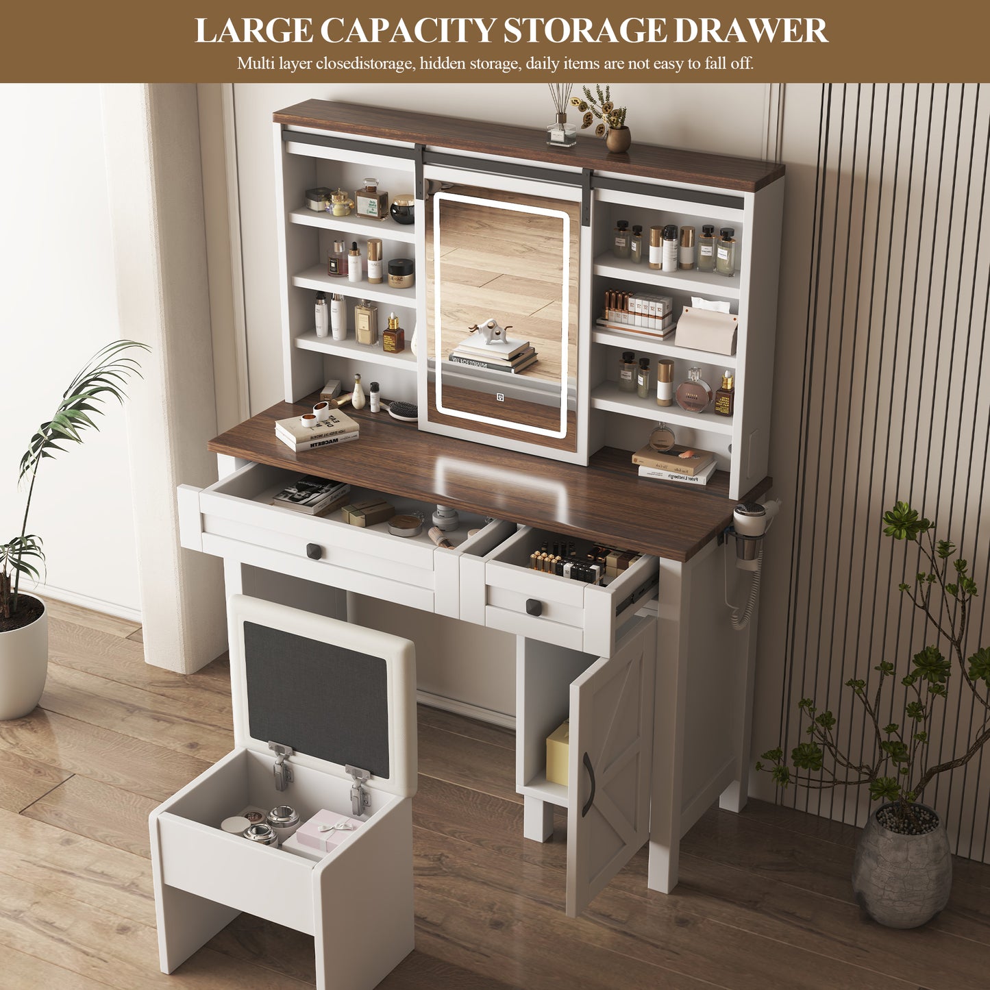 Farmhouse Makeup Vanity Desk with Sliding Mirror and Lights and Hairdryer holder and charging socket Multilayer storage Shelves,and 2 drawer and big storage cabinet Rustic Big Vanity Set for Bedroom