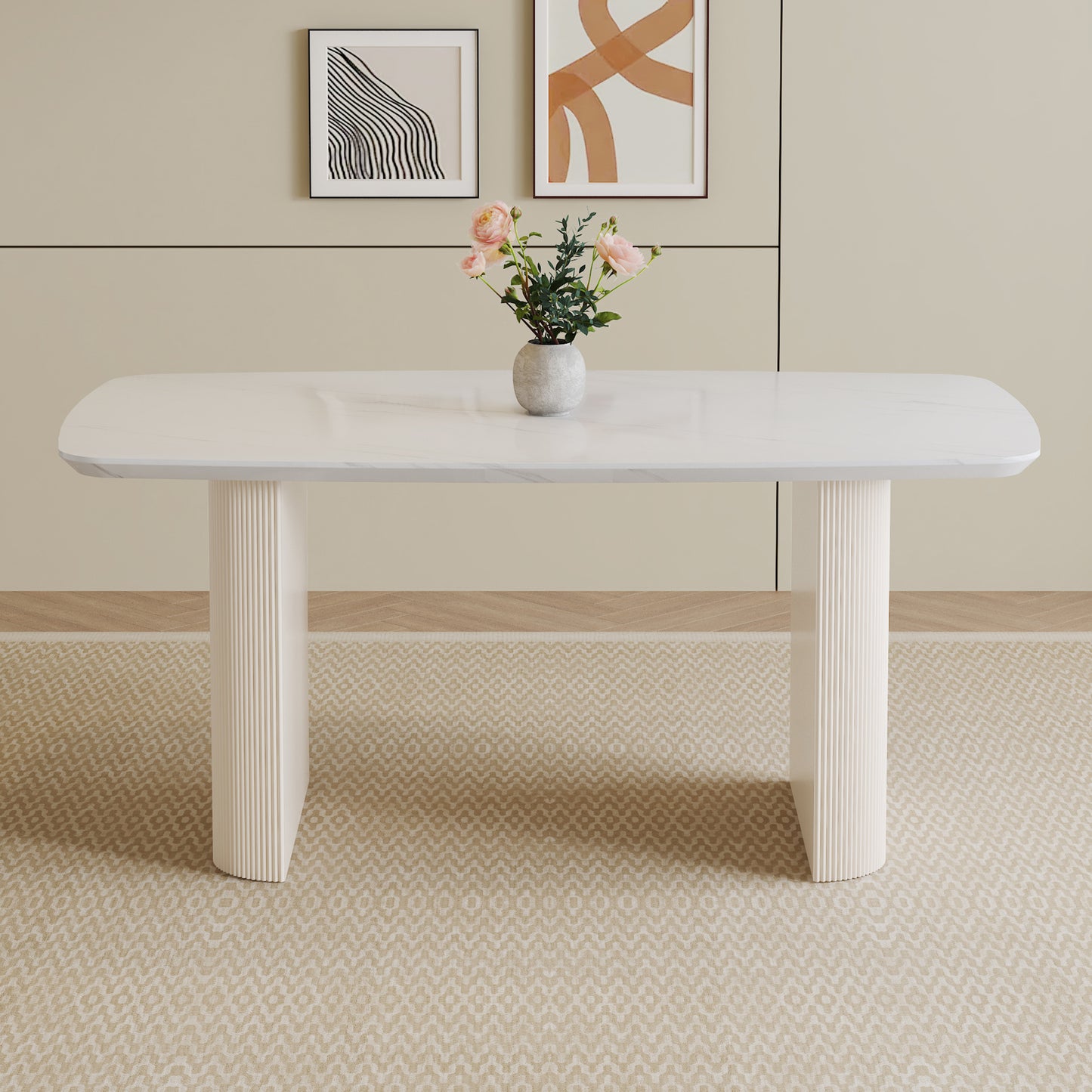 Cream style MDF white dining table.It is a furniture with a warm and soft appearance, suitable for creating a comfortable and friendly dining environment, suitable for kitchens, dining