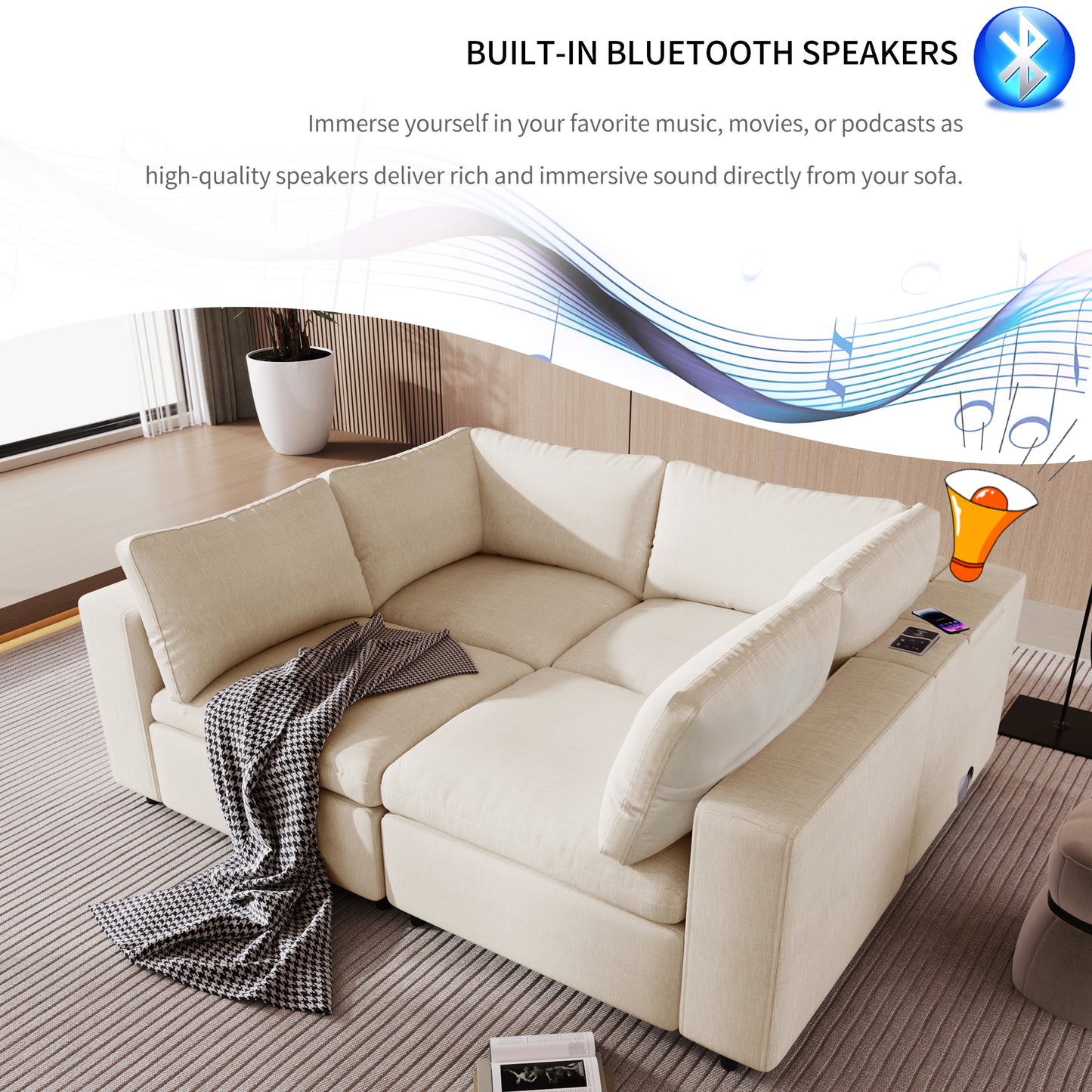 U-style Upholstered Modular Sofa with with Storage Space, USB Charge Ports,Wireless Charging and Built-in Bluetooth Speaker in Arm,Sectional sofa for Living Room Apartment.[old sku:WY000317AAA]