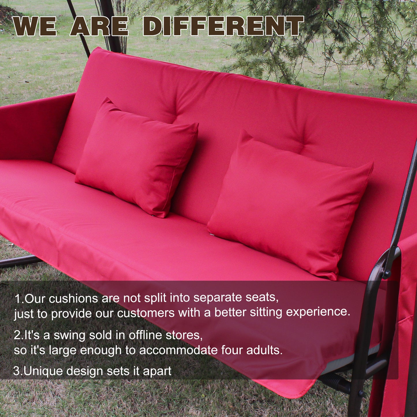 Outdoor Patio 3 seaters Metal Swing Chair Swing bed with Cushion and Adjustable Canopy Red Color