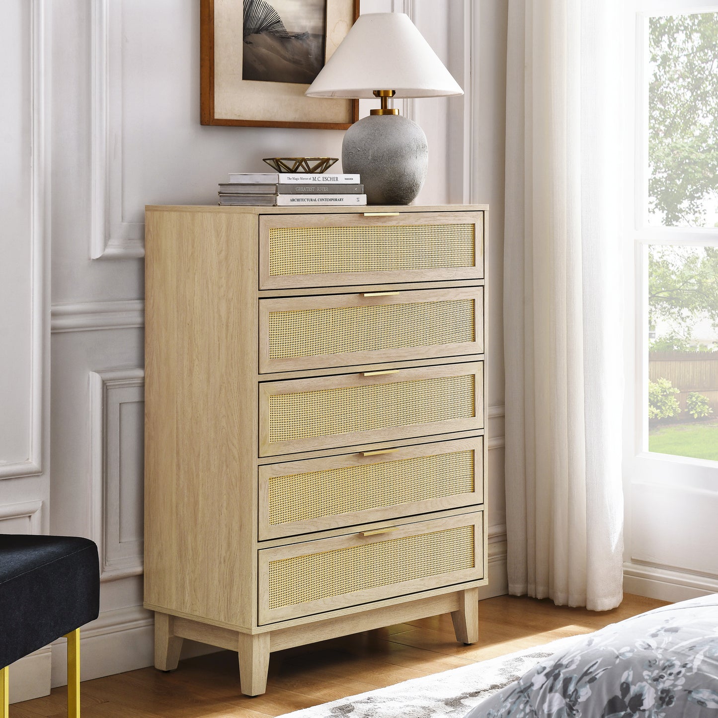 Bedroom 5 drawer dresser, rattan dresser modern wooden chest of drawers with spacious storage space for bedroom hallway living room