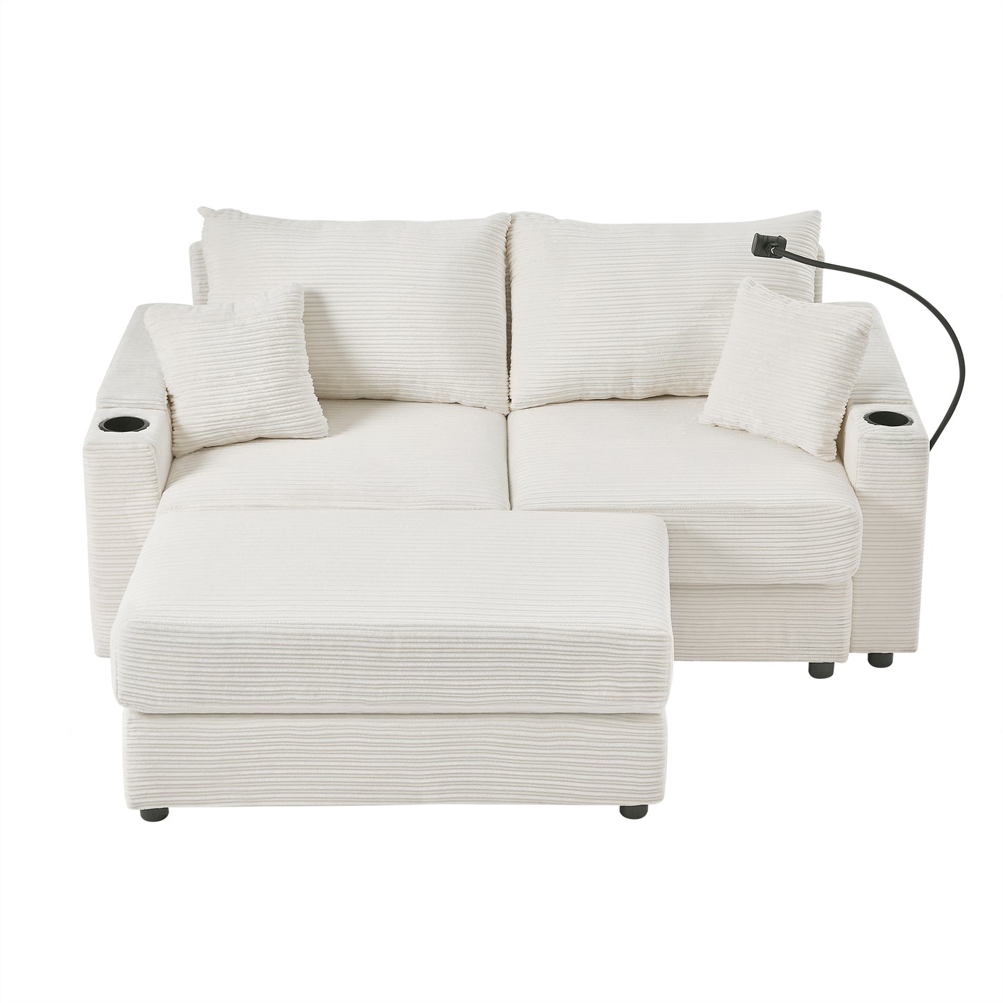 72.8" Modern Style Loveseat Sofa Sectional Sofa Couch with Storage Space, A Movable Ottoman, Two USB Ports, Two Cup Holders, A Phone Holder for Living Room, Beige