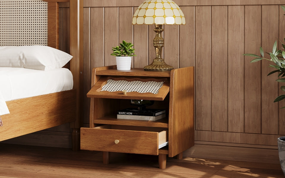 Wooden Nightstand with Rattan-Woven Storage Cabinet and 1 Drawer, Exquisite Elegance with Natural Storage Solutions for Bedroom, Walnut