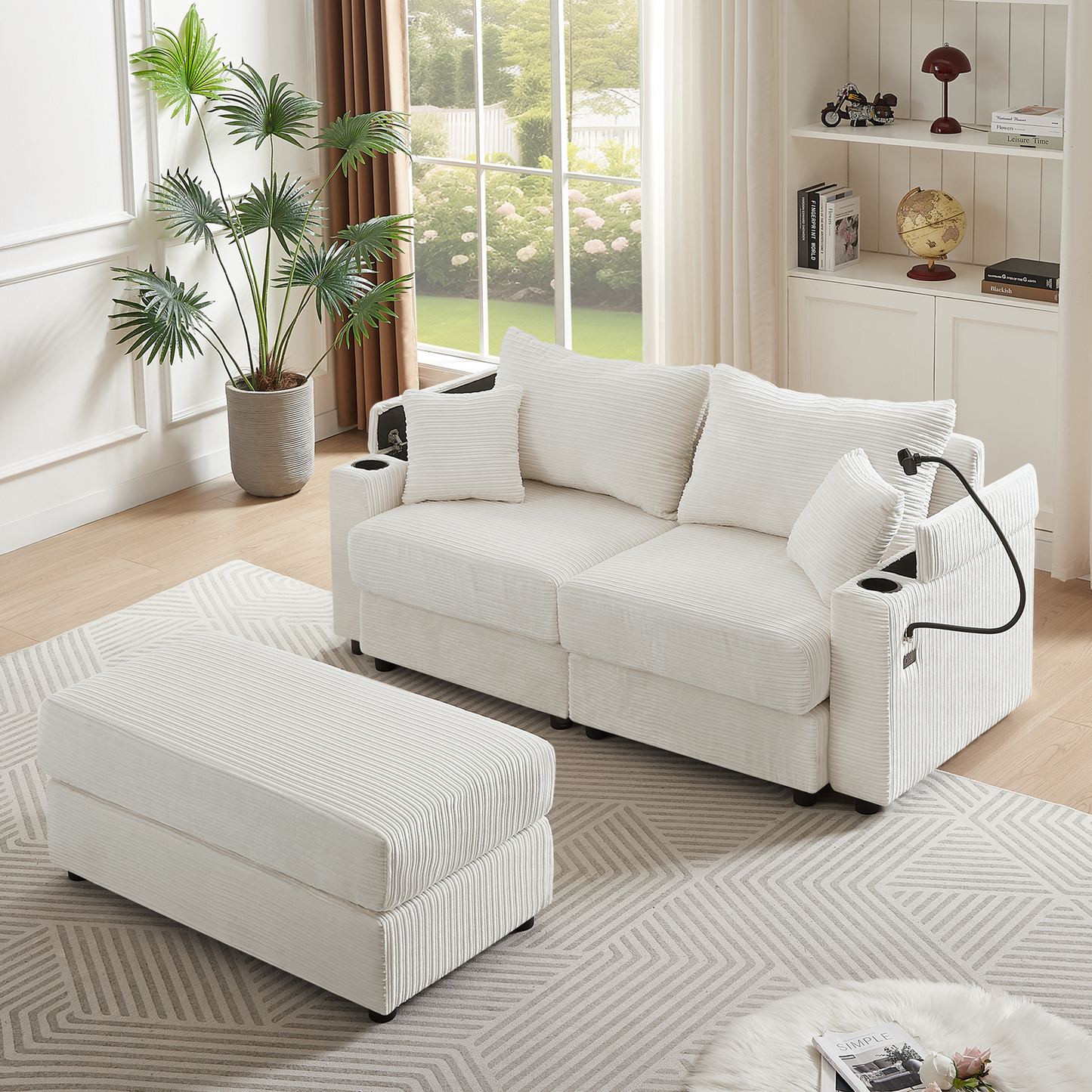 72.8" Modern Style Loveseat Sofa Sectional Sofa Couch with Storage Space, A Movable Ottoman, Two USB Ports, Two Cup Holders, A Phone Holder for Living Room, Beige