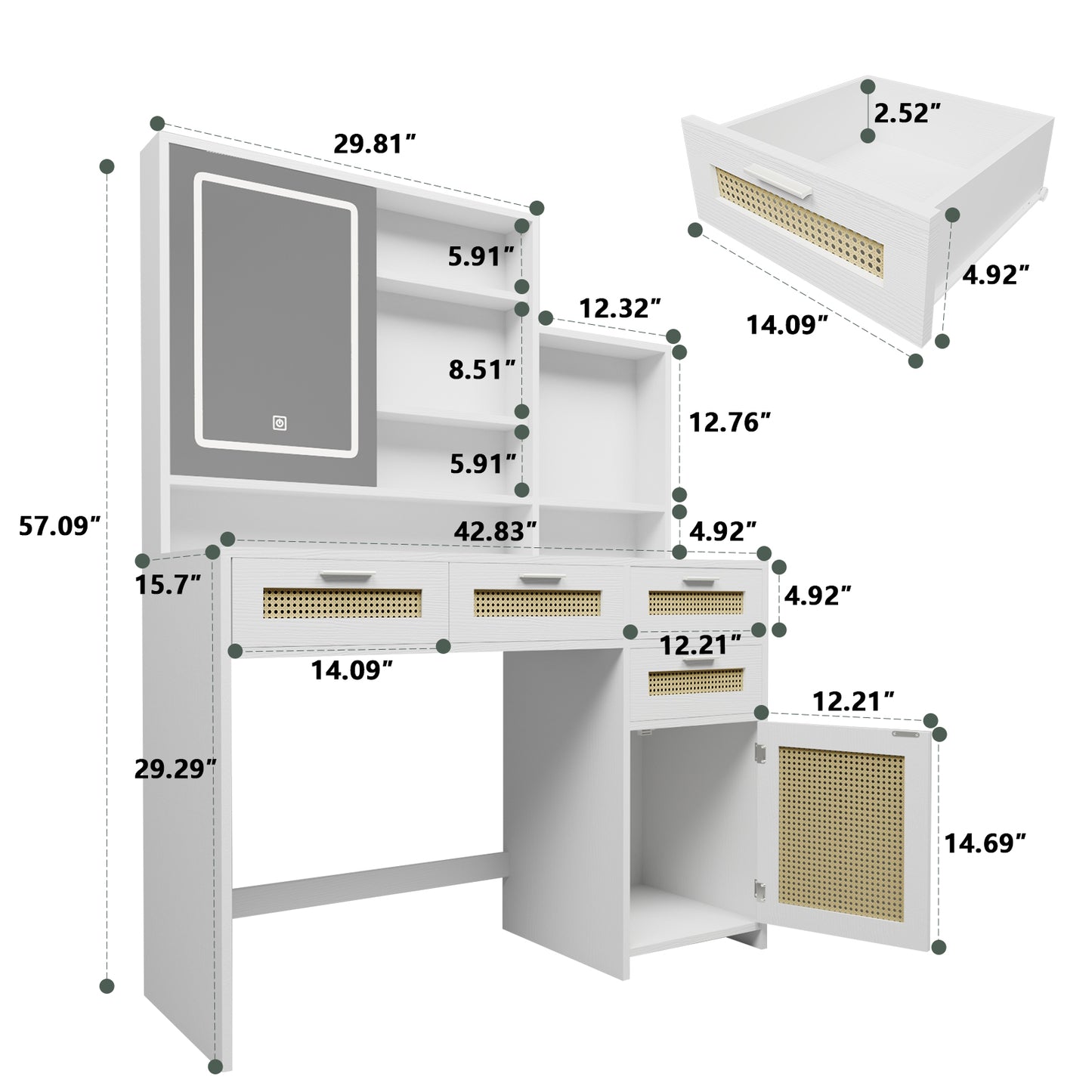 Makeup Vanity with Lights in 3 Colors & Openable Mirror, Vanity Desk with 4 Drawers & 1 Cabinets & Shelves, Vanity Table Rattan Vanity Dresser, for Bedroom