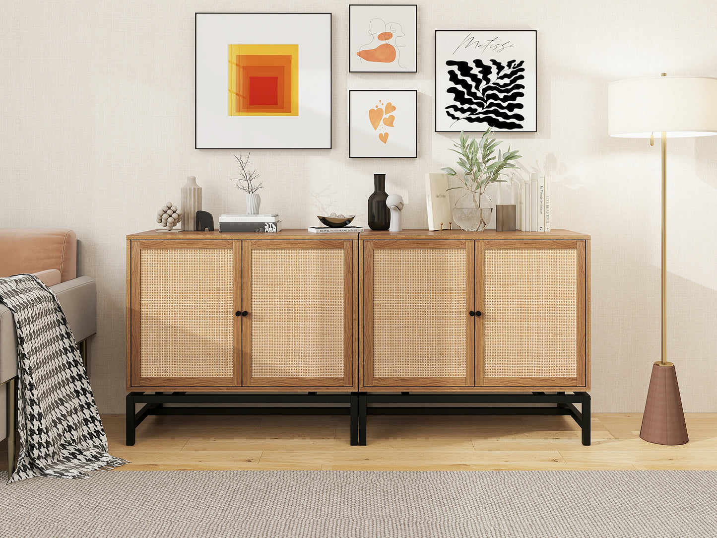 Set of 2, Natural rattan, 2 door cabinet, with 1 Adjustable Inner Shelves, rattan, Accent Storage Cabinet