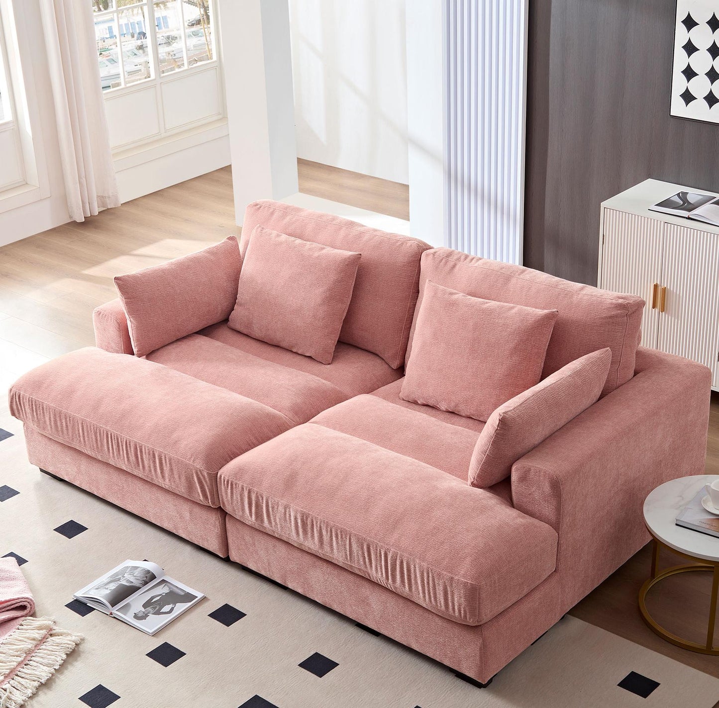 89.76 inch Double Sleeper Sofa Cloud Couch Soft Fluffy Fabric Upholstery with Square Armrests,Comfor Daybed with Over Wide Sofa Bed,Modern Beanbag for Living Room Apartment,Pink