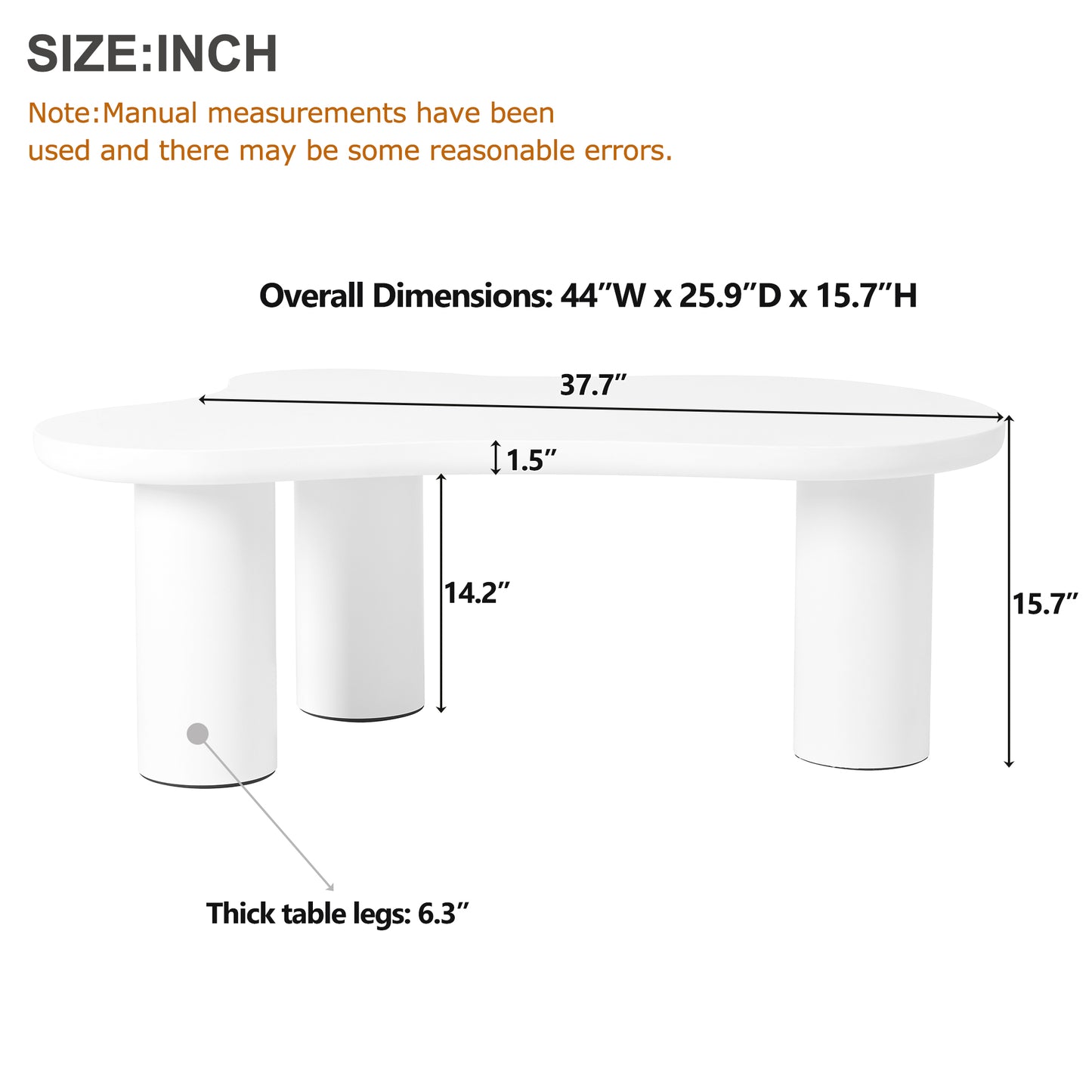 ON-TREND 44'' x 25.9'' Easy Assembly Cloud Coffee Table with 1.5'' Thick Tabletop, Cream Style Irregular End Table with 3 Sturdy Legs, Sleek Center Table with Round Edge for Living Room, White