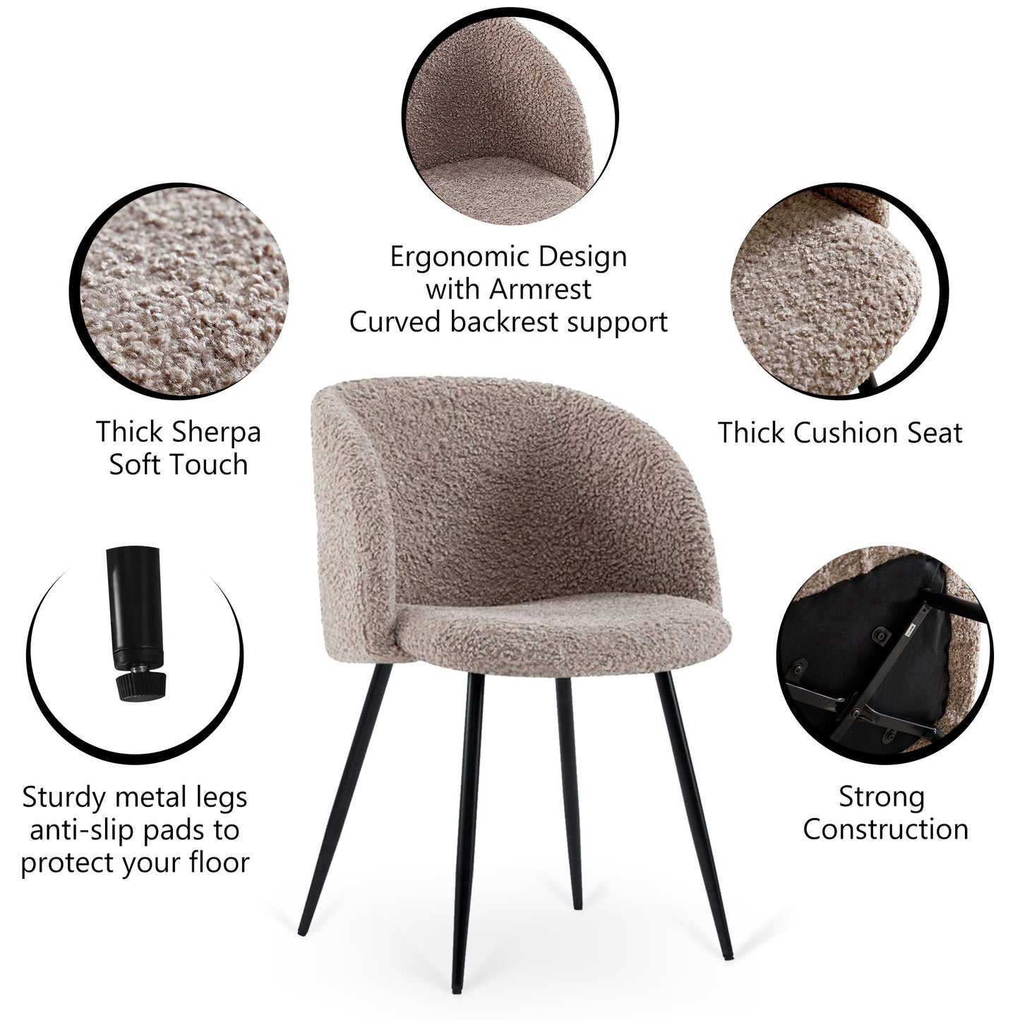 Adjust Legs Upholstered teddy faux fur dining armrest chair set of 2 (Light Brown)