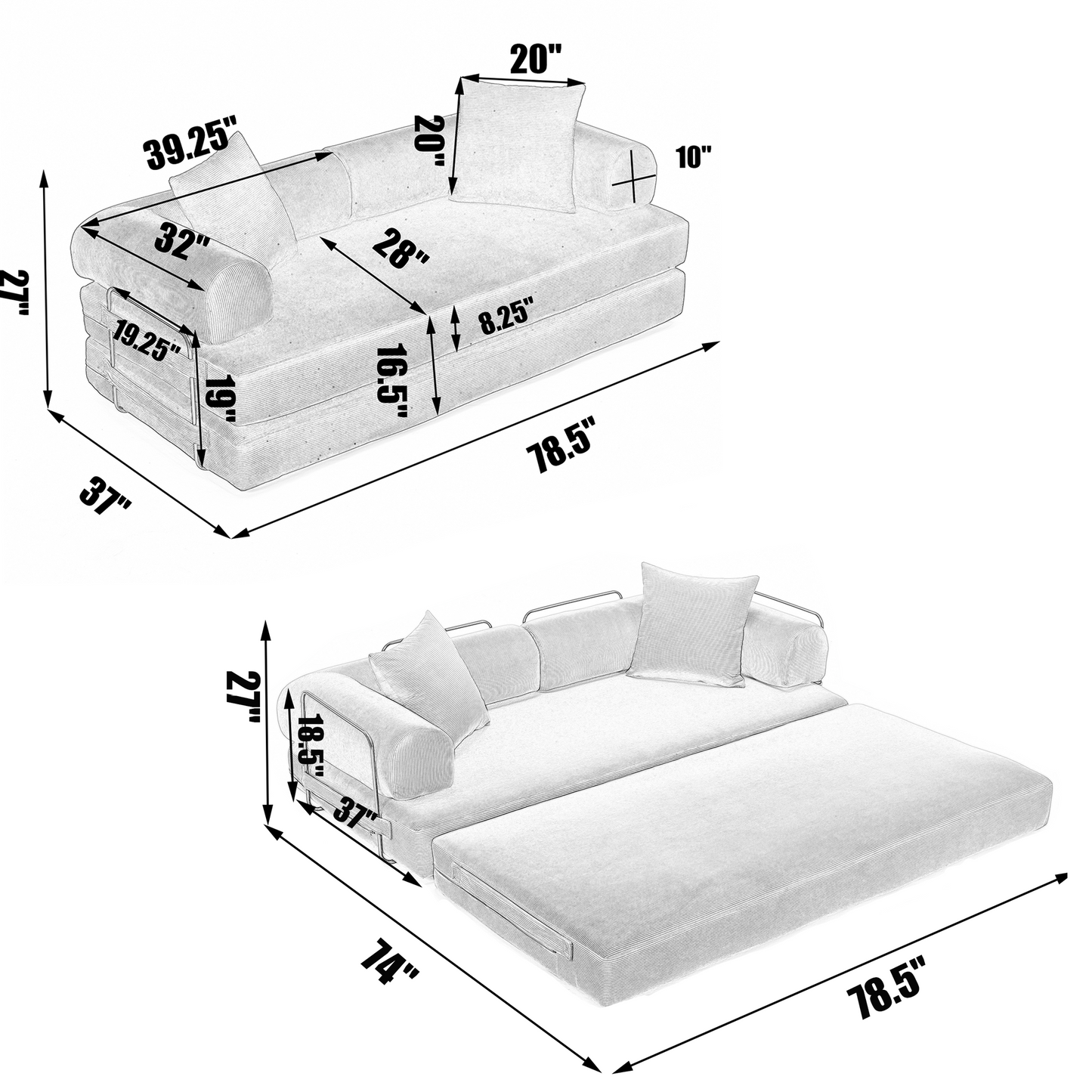 （绿、黑、灰三色全部缺货，预计12.23-12.30到货）[NEW ARRIVED] [VIDEO PROVIDED] 78.5" Folding Convertible Out Sleeper Sofa Bed,4-in-1 DIY Combination Convertible Sofa,3 seat, Folding Sofa, King Size , Bedroom,Apartment,Corduroy,Green,Gray