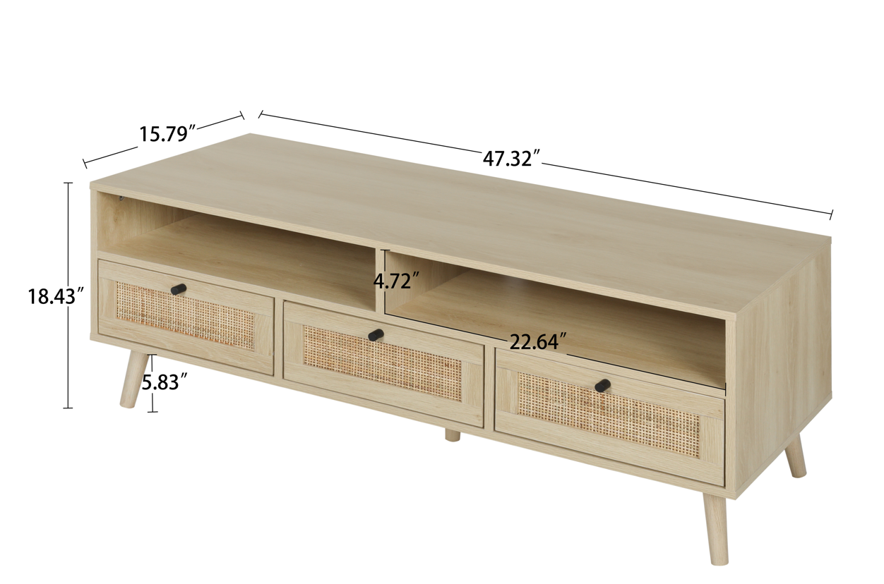 Rattan TV Stand with Solid Wood Feet, TV Console Table for Living Room, Natural