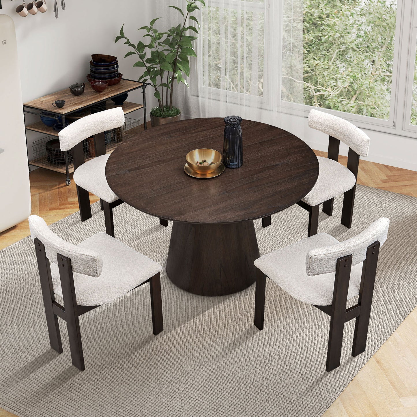 (1 Table with 4 Chairs)Wooden Dining Table Set, Modern Round MDF Kitchen Table and Boucle Upholstered Dining Chairs for Dining Room, Kitchen, Saving Space, Dark Brown