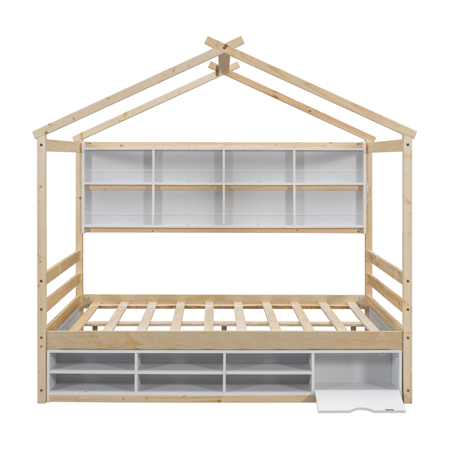 Full House Bed with Roof Frame, Bedside-shelves, Under Bed Storage Unit,Natural