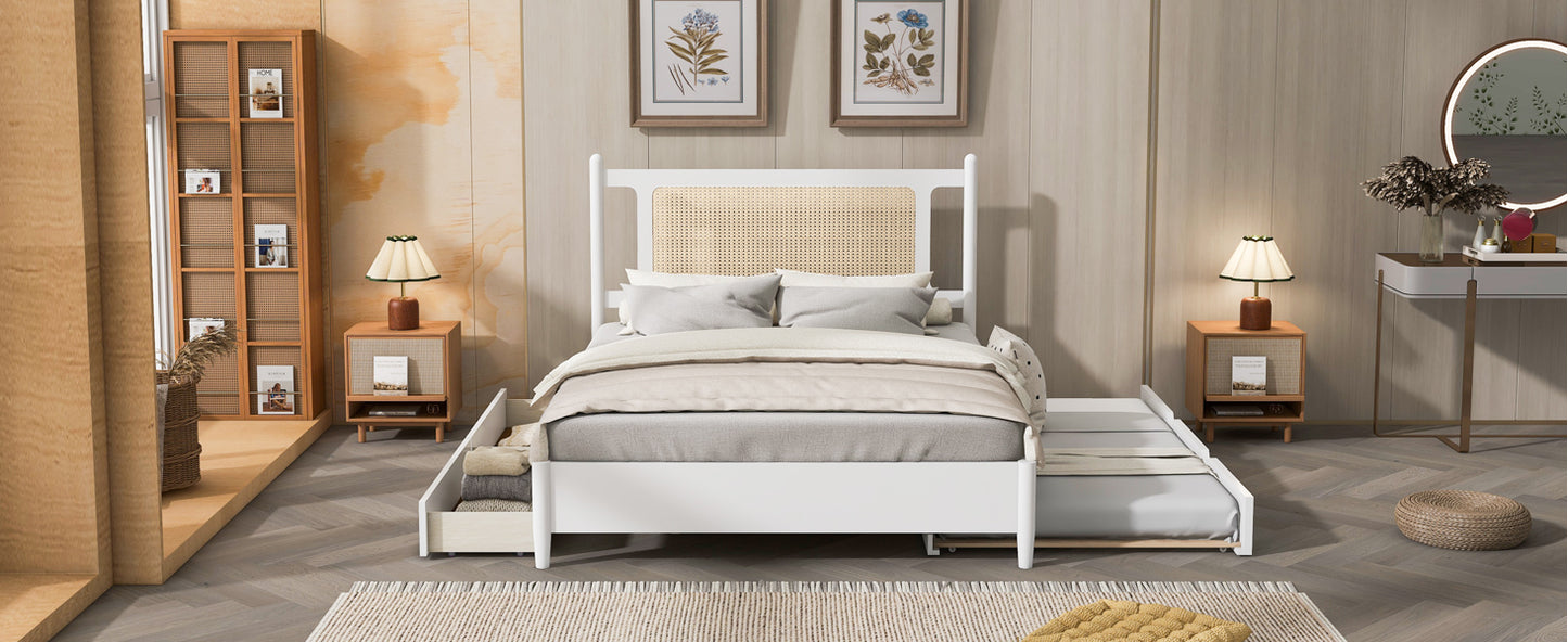 Queen Size Wooden Rattan Platform Bed, with 2 Big Drawers, T Size Trundle, White