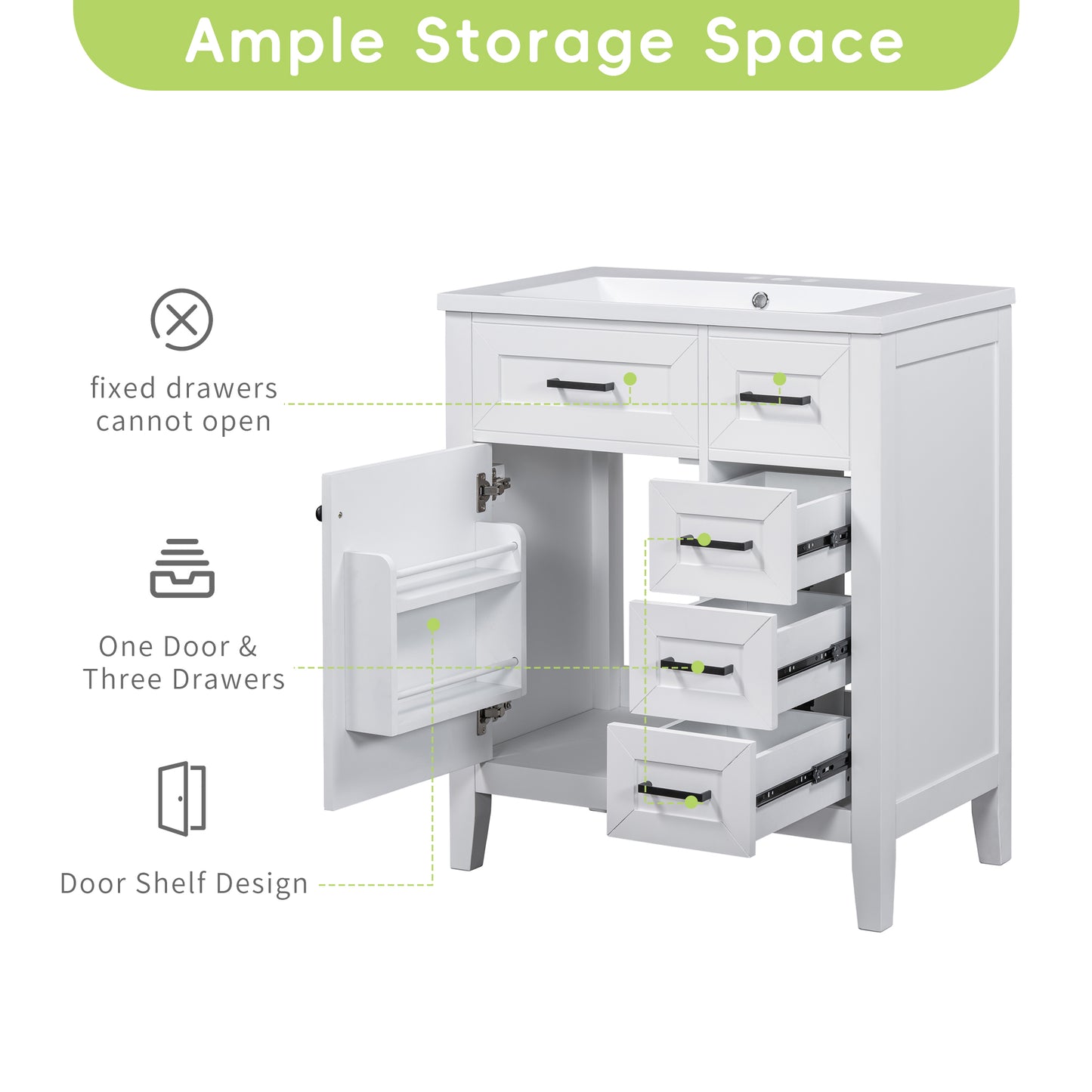 30" Bathroom Vanity with Sink Combo, White Bathroom Cabinet with Drawers, Solid Frame and MDF Board