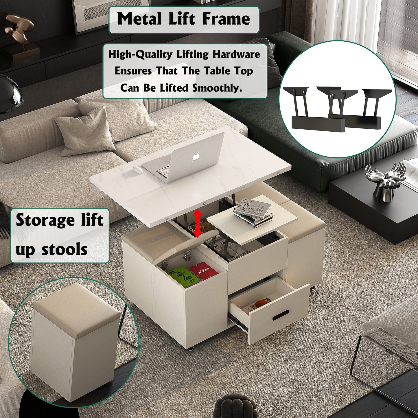 Modern Lift-Up Coffee Table with 4 Stools Set for Living Room Expandable 1 Hidden Storage + 2 Drawers Space Saving Folding Dining Table