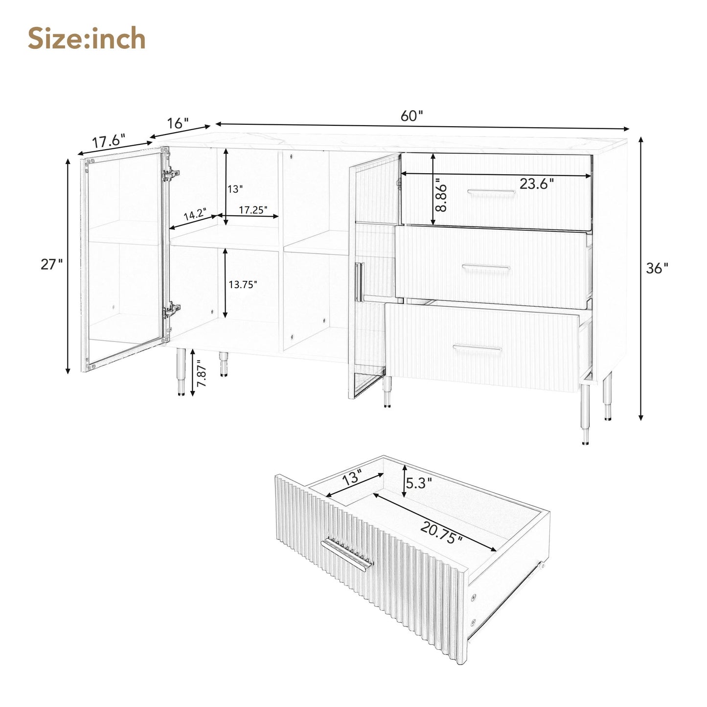 TREXM Modern Sideboard MDF Buffet Cabinet Marble Sticker Tabletop and Amber-yellow Tempered Glass Doors with Gold Metal Legs & Handles (Black)