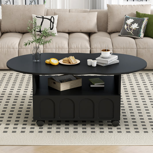 ON-TREND Flexible Cream Style Coffee Table with 2 Brake Wheels, Cloud Top Side Table with Drawer, Irregular Center Table with Large Storage for Living Room, Black, 39.37''x 23.6''