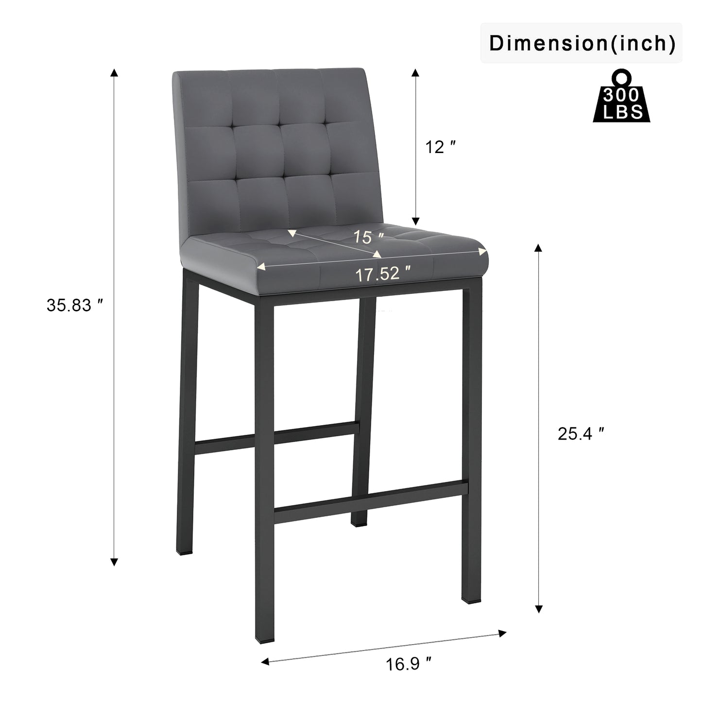 Modern design High stool Metal legs Kitchen Restaurant Gray pu bar chair, black spray painted chair legs, suitable for bar Cafe restaurant (set of 2)