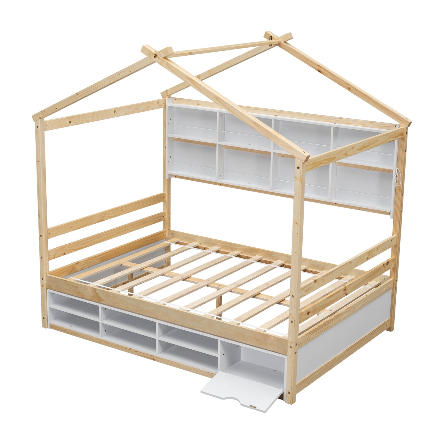 Full House Bed with Roof Frame, Bedside-shelves, Under Bed Storage Unit,Natural