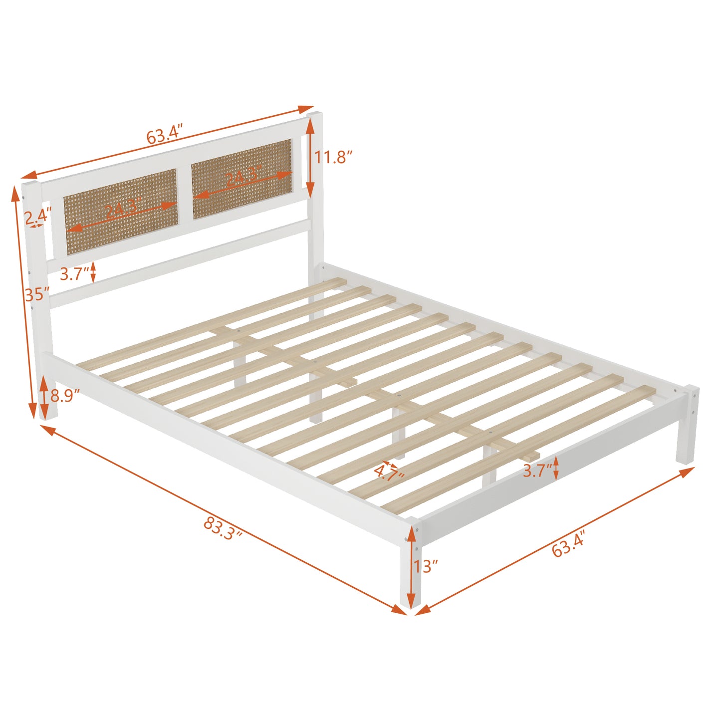 3-Pieces Bedroom Sets Queen Size Wooden Platform Bed with Natural Rattan Headboard, Nightstands Set of 2 with Rattan-Woven Surfaces and Three Drawers for Bedroom, White