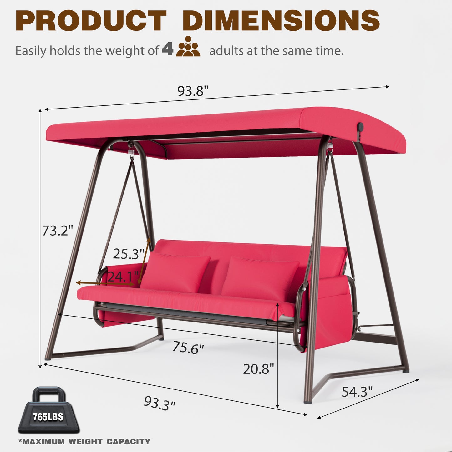 Outdoor Patio 3 seaters Metal Swing Chair Swing bed with Cushion and Adjustable Canopy Red Color