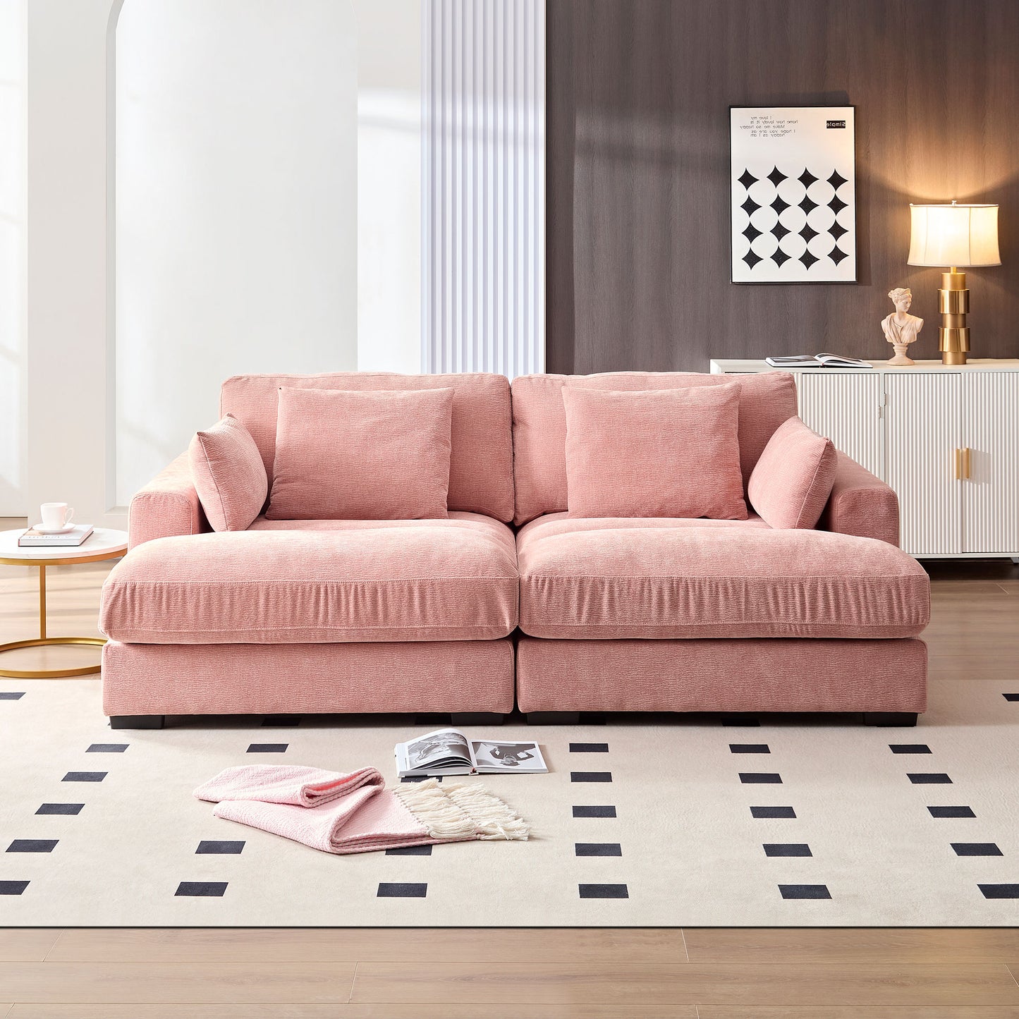 89.76 inch Double Sleeper Sofa Cloud Couch Soft Fluffy Fabric Upholstery with Square Armrests,Comfor Daybed with Over Wide Sofa Bed,Modern Beanbag for Living Room Apartment,Pink