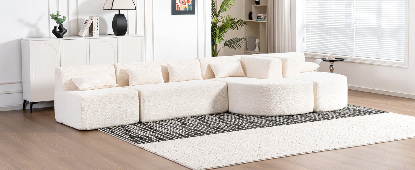 143.7" Upholstered Sofa Free-combined Sofa Couch with Two Chaise Lounge and Five Back Pillows for Living Room, Beige