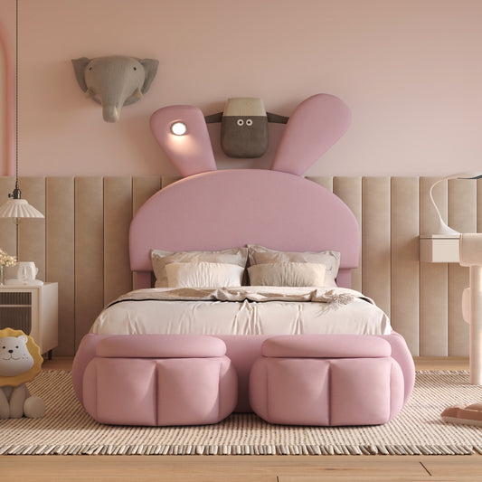 （缺货）Twin Size Upholstered Platform Bed with Cartoon Ears Shaped Headboard and Light, Pink